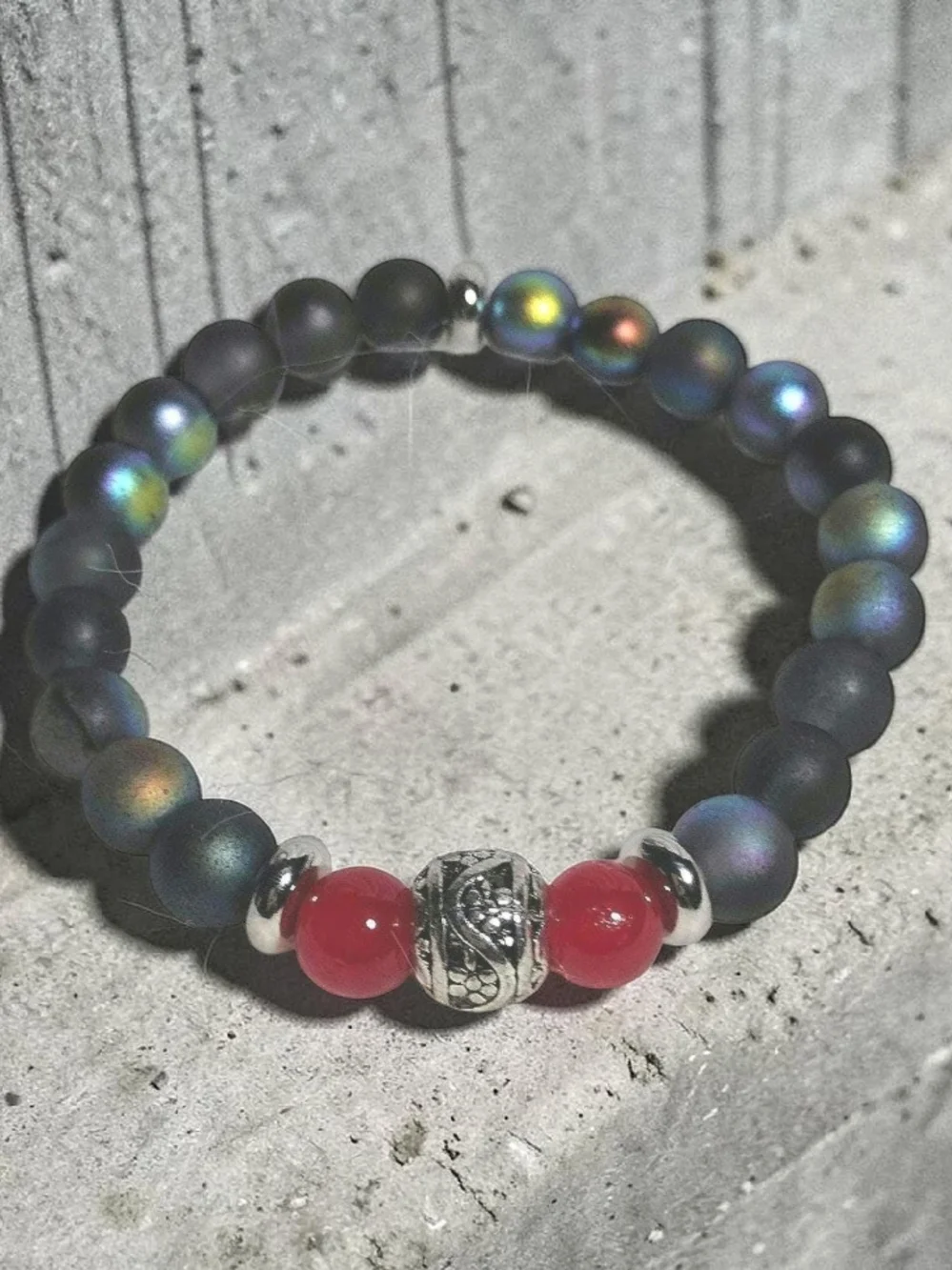 Enchanted  Dark Blue Beaded Bracelet with Red Accents and Dragon Charm